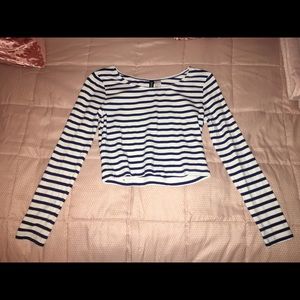 Blue + White Striped Long-Sleeved Crop Top